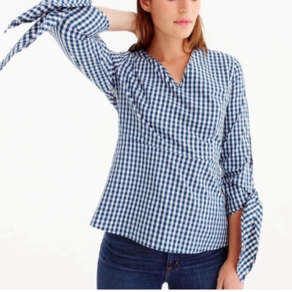 Universal Standard for J.Crew Dark Blue Gingham Poplin Tie Sleeve Top